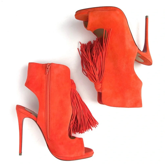 CHRISTIAN LOUBOUTIN || Fringe Peep Tassel Heels Otoka 120 Coral Suede US 7.5 - Picture 3 of 14
